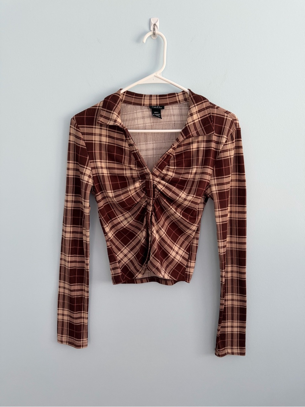 Rue21 Maroon Plaid Ruched V-Neck Long Sleeve Top